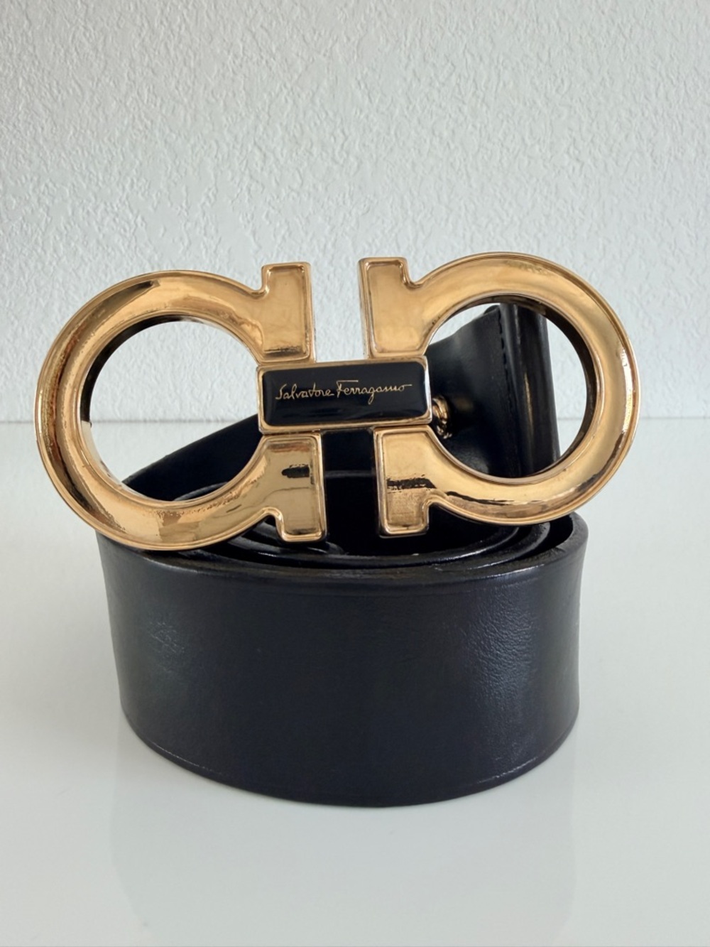 Salvatore Ferragamo Black Leather Belt with Gold Double Gancini Buckle